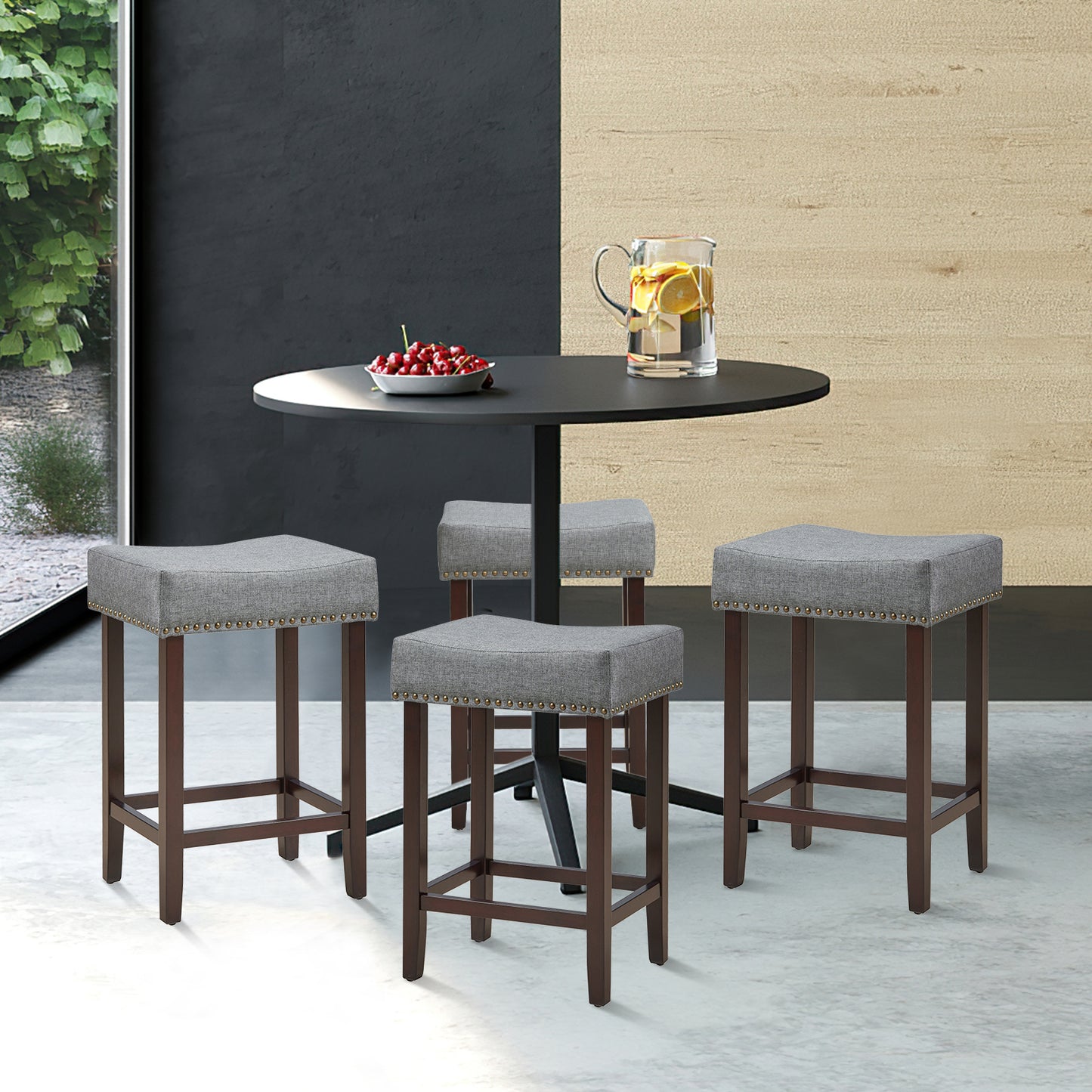 Set of 2 Saddle Barstools with Backless Nailhead Fabric Seat-Grey