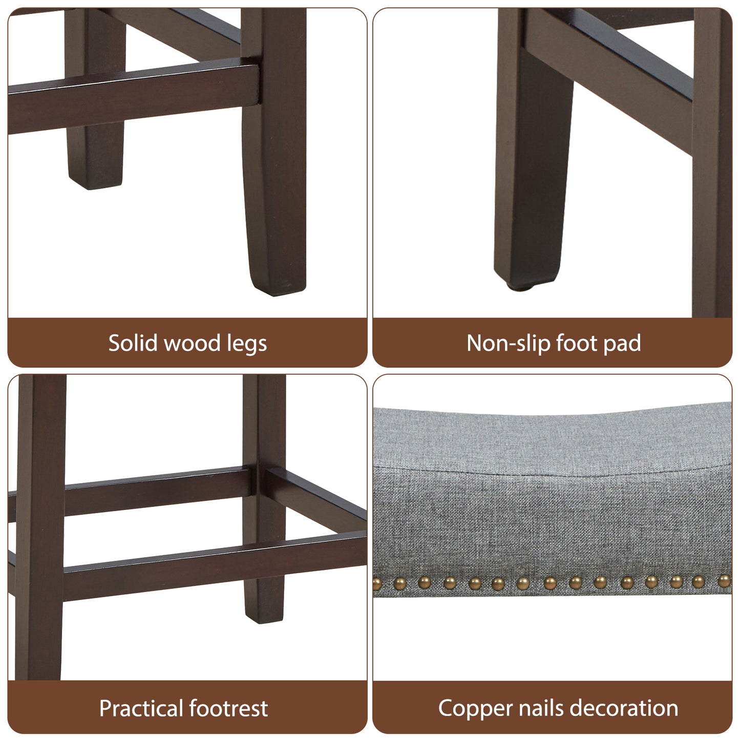 Set of 2 Saddle Barstools with Backless Nailhead Fabric Seat-Grey