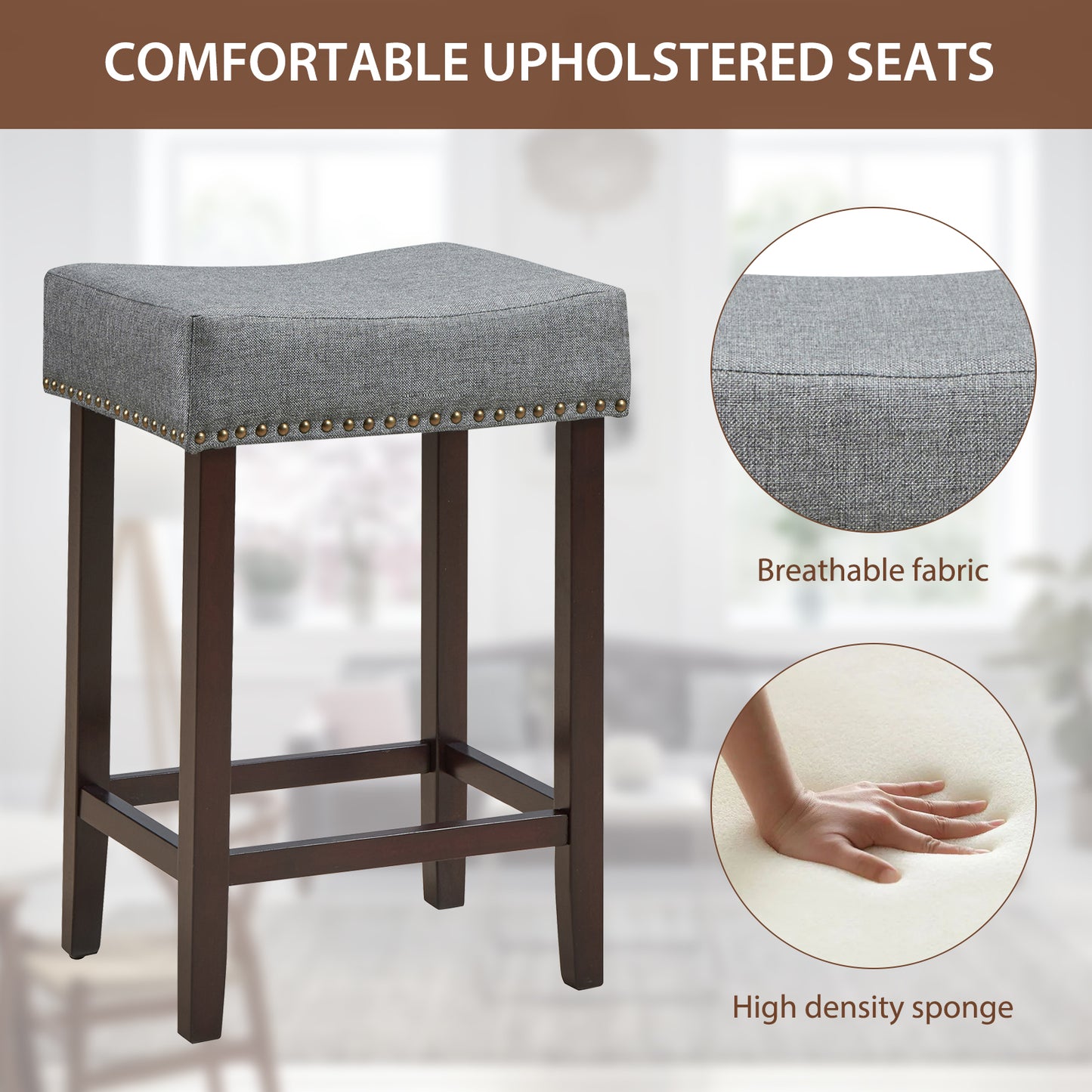 Set of 2 Saddle Barstools with Backless Nailhead Fabric Seat-Grey
