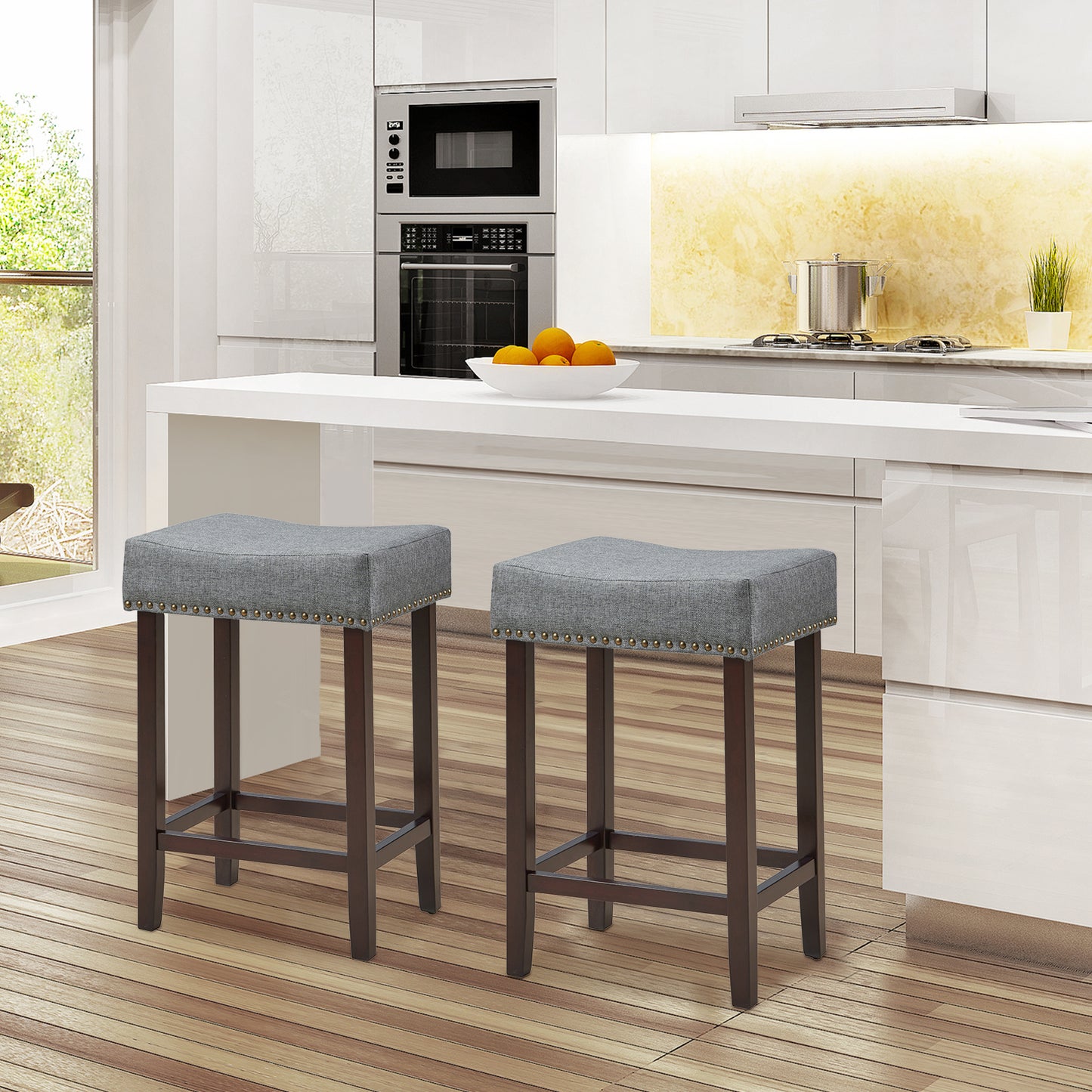Set of 2 Saddle Barstools with Backless Nailhead Fabric Seat-Grey