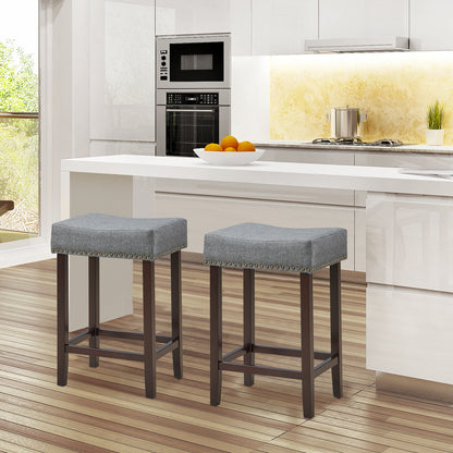 Set of 2 Saddle Barstools with Backless Nailhead Fabric Seat-Grey