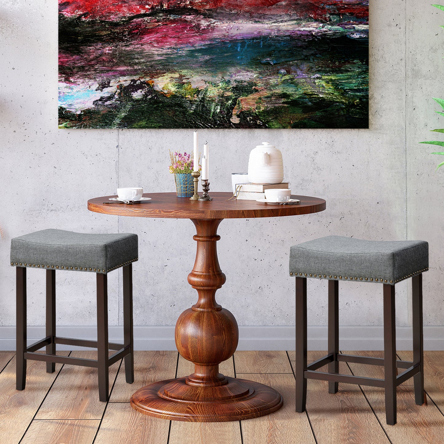 Set of 2 Saddle Barstools with Backless Nailhead Fabric Seat-Grey