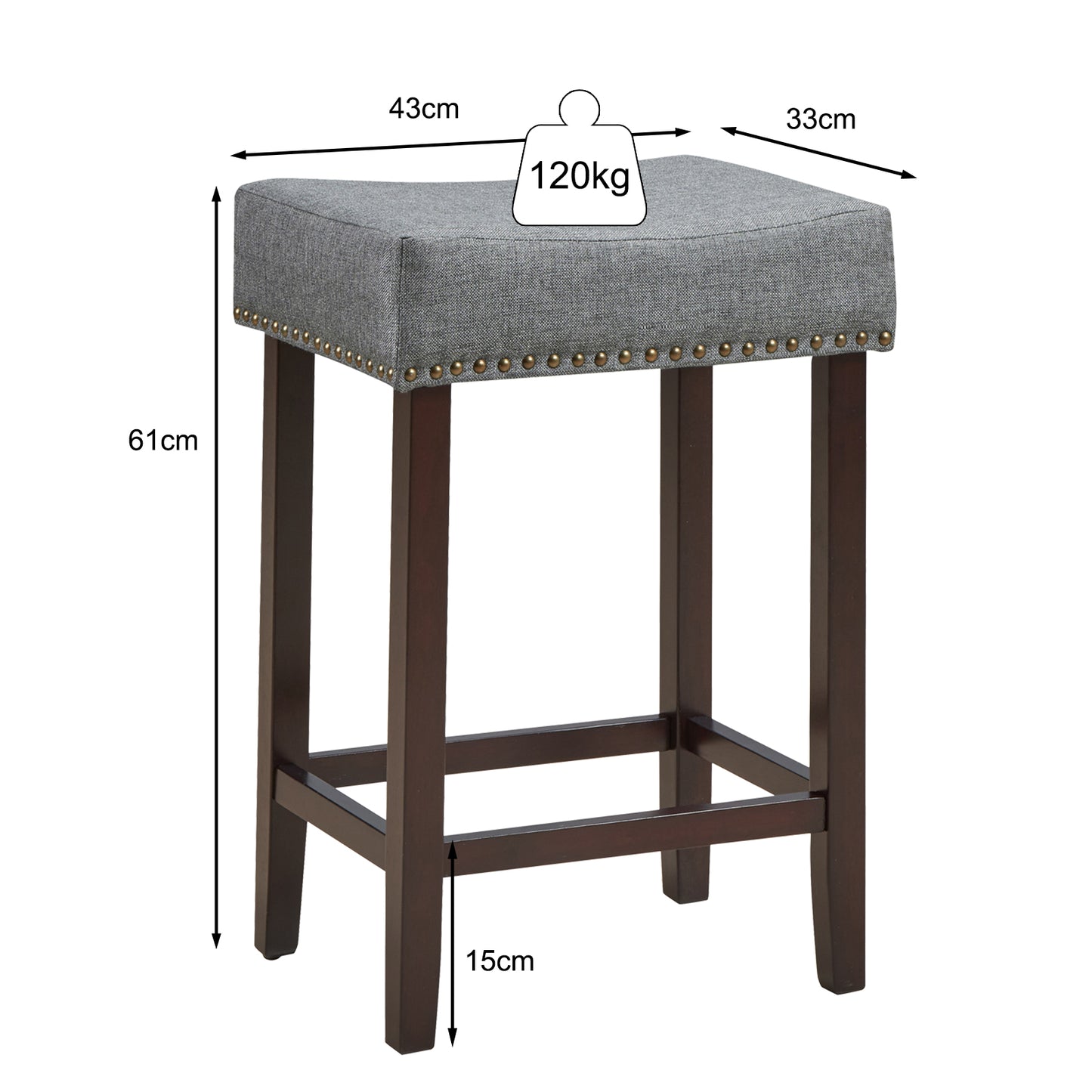 Set of 2 Saddle Barstools with Backless Nailhead Fabric Seat-Grey