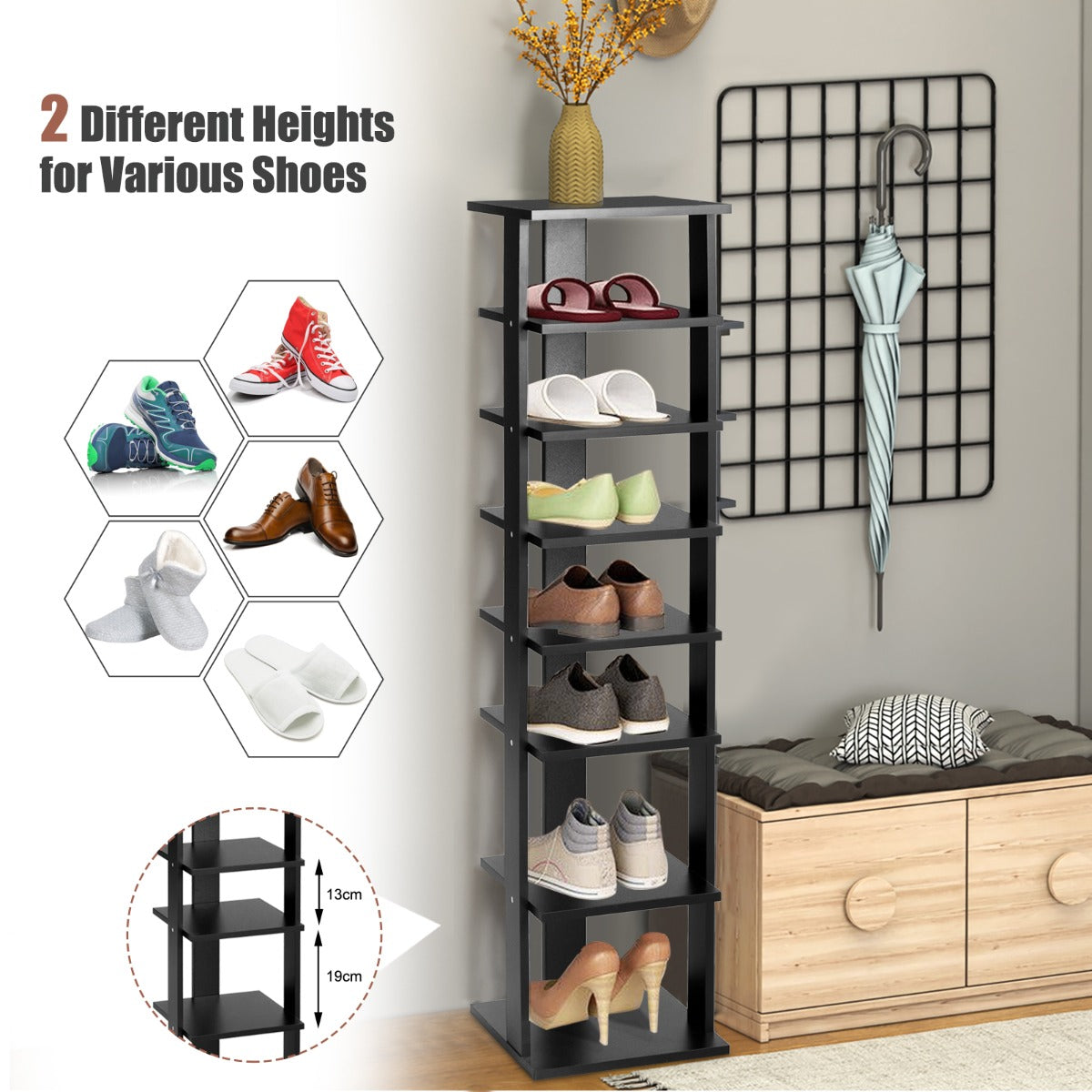 Wooden Shoe Rack with 8 Levels and Large Capacity for Entry/Living Room-Black