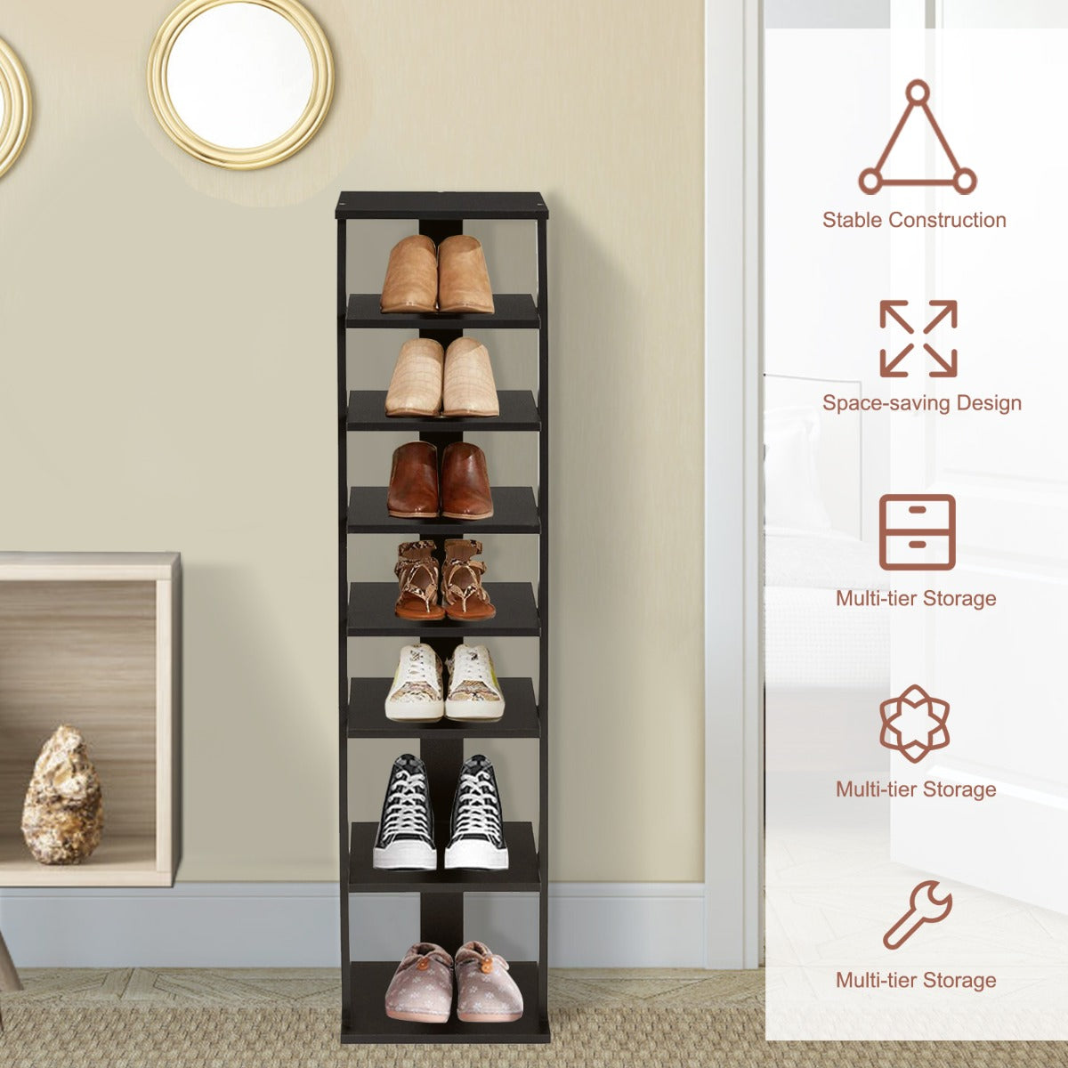 Wooden Shoe Rack with 8 Levels and Large Capacity for Entry/Living Room-Black