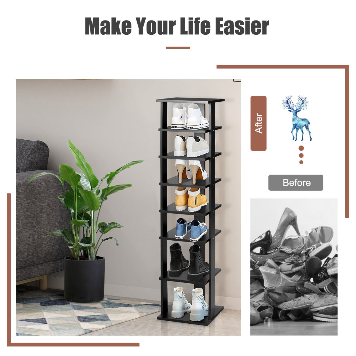 Wooden Shoe Rack with 8 Levels and Large Capacity for Entry/Living Room-Black