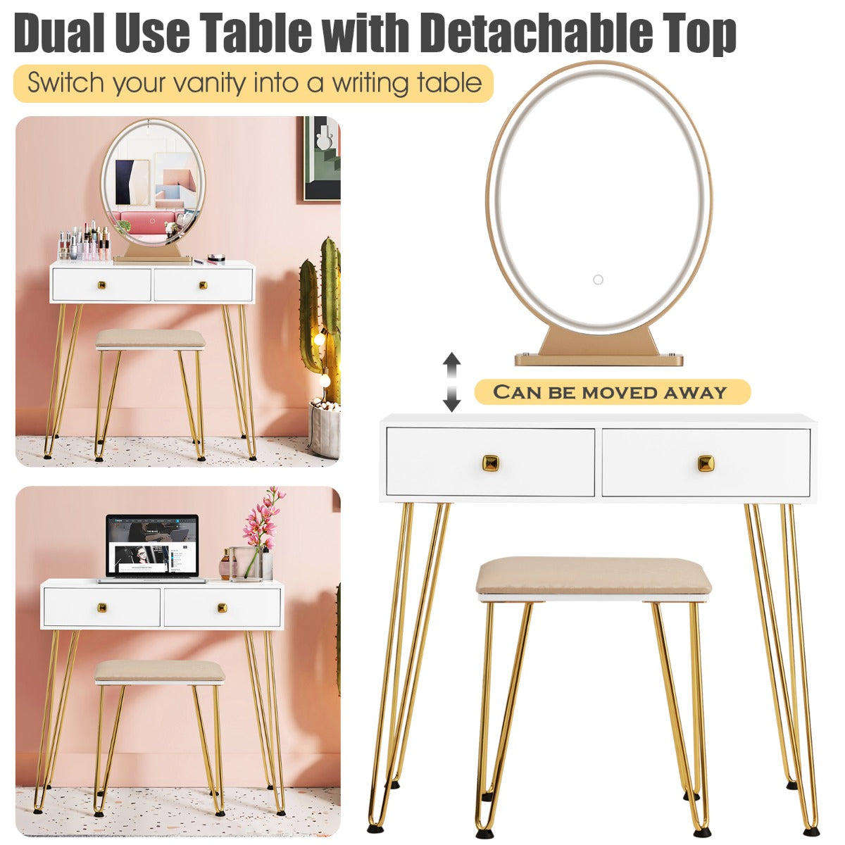 Vanity Table Set with Lighted Mirror for Bedroom-White