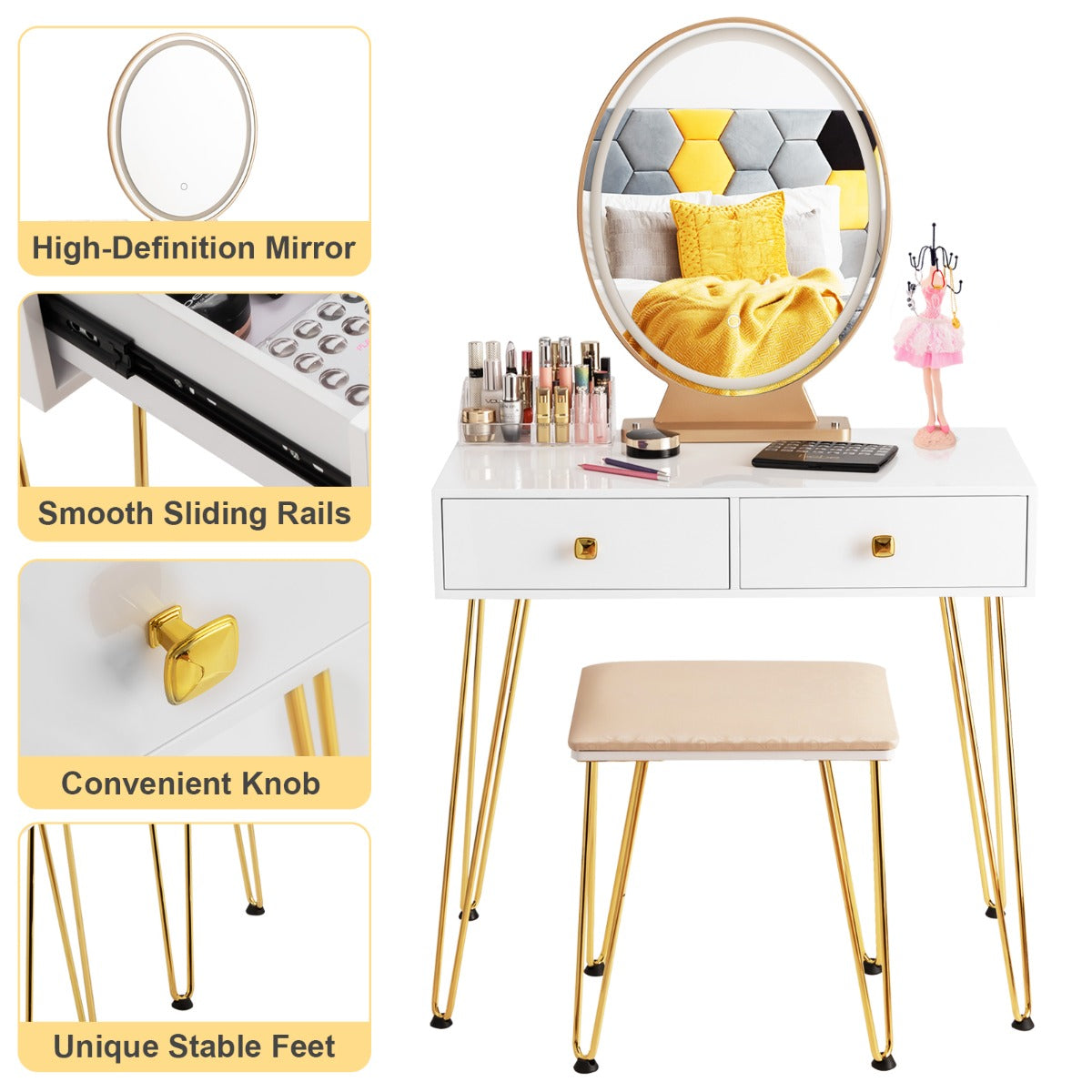 Vanity Table Set with Lighted Mirror for Bedroom-White