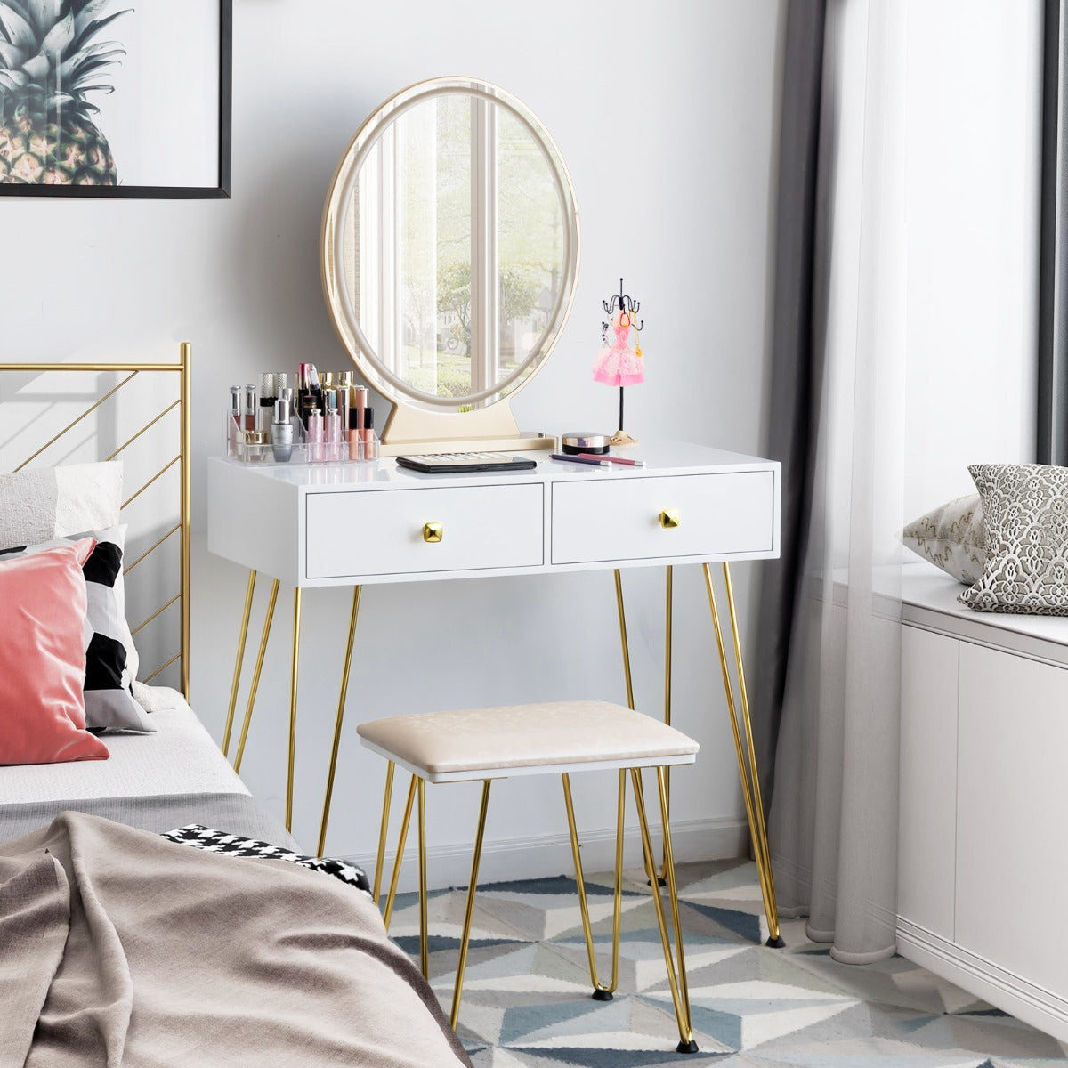 Vanity Table Set with Lighted Mirror for Bedroom-White