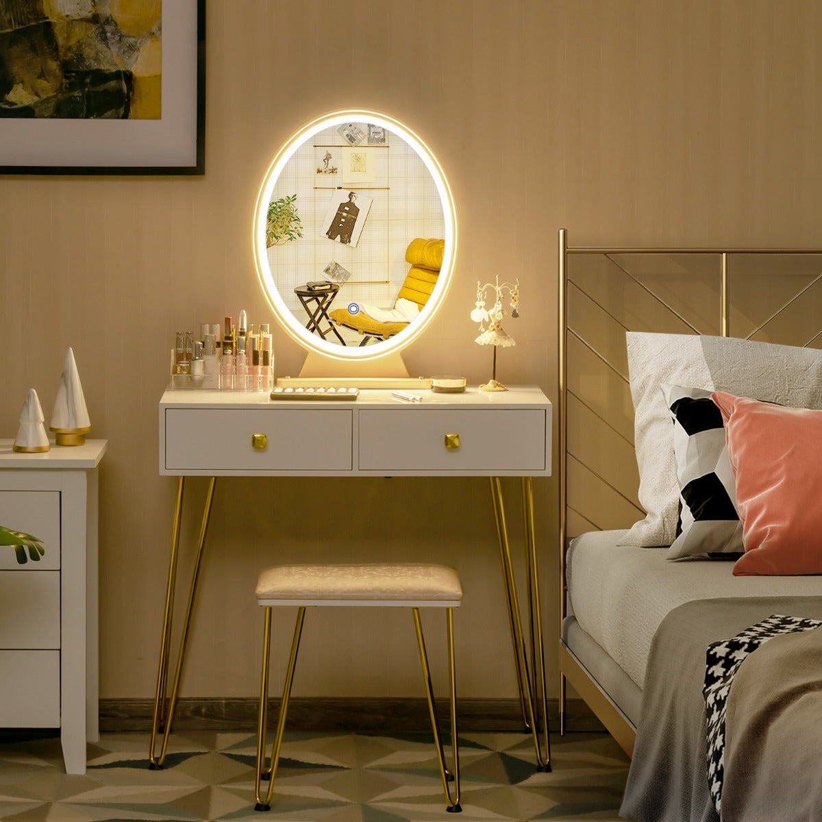 Vanity Table Set with Lighted Mirror for Bedroom-White