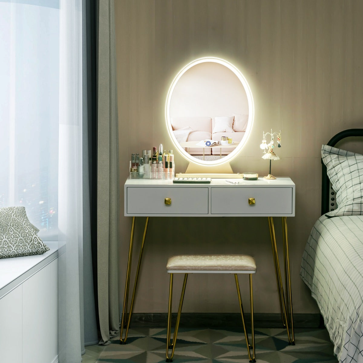 Vanity Table Set with Lighted Mirror for Bedroom-White