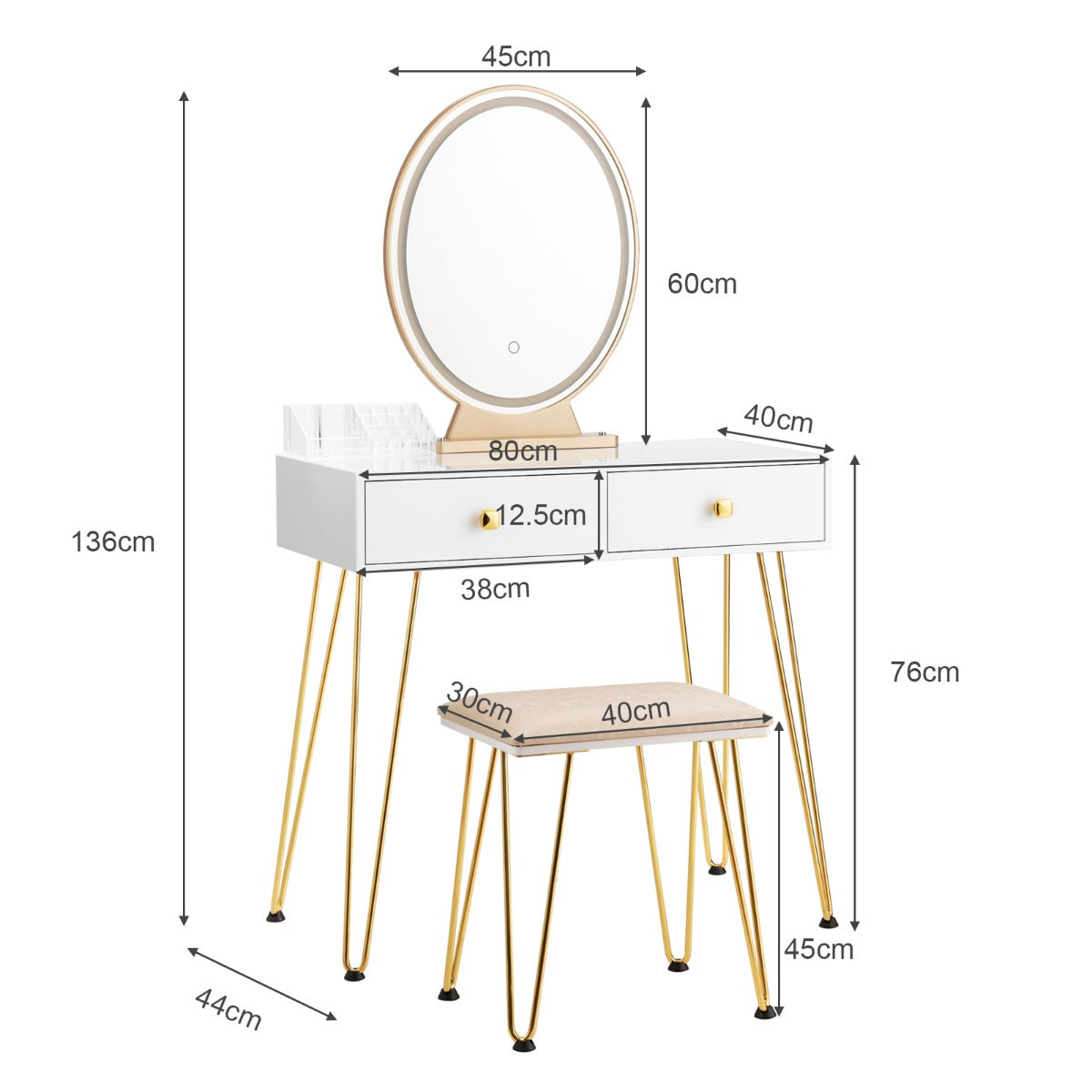 Vanity Table Set with Lighted Mirror for Bedroom-White