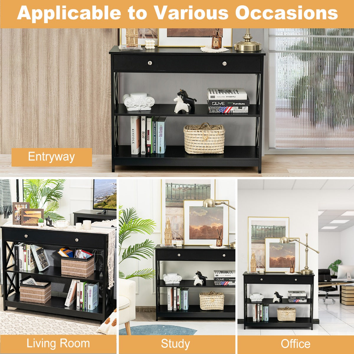 Console Table with Drawer and 2 Shelves for Living Room/Entrance-Black