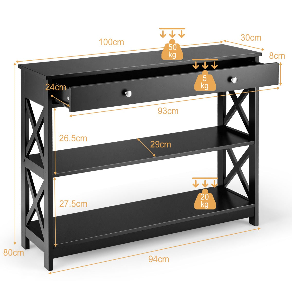 Console Table with Drawer and 2 Shelves for Living Room/Entrance-Black