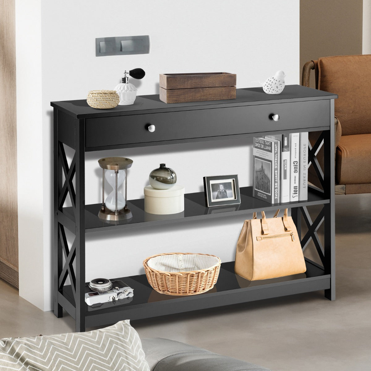 Console Table with Drawer and 2 Shelves for Living Room/Entrance-Black