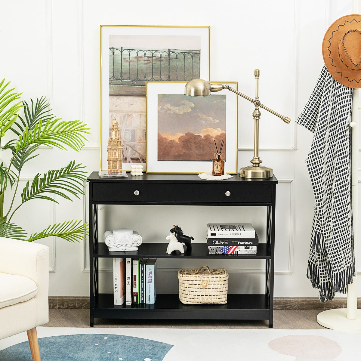 Console Table with Drawer and 2 Shelves for Living Room/Entrance-Black
