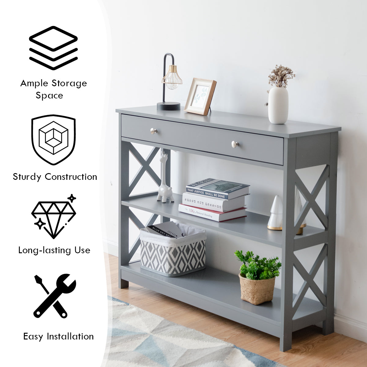 Console Table with Drawer and 2 Shelves for Living Room/Entrance-Grey