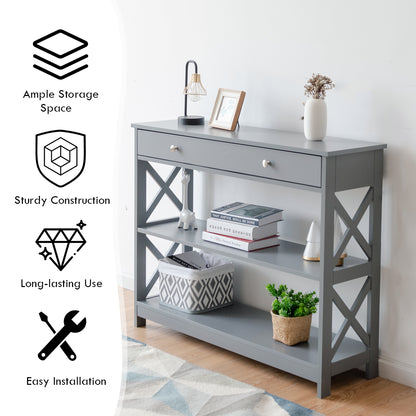 Console Table with Drawer and 2 Shelves for Living Room/Entrance-Grey