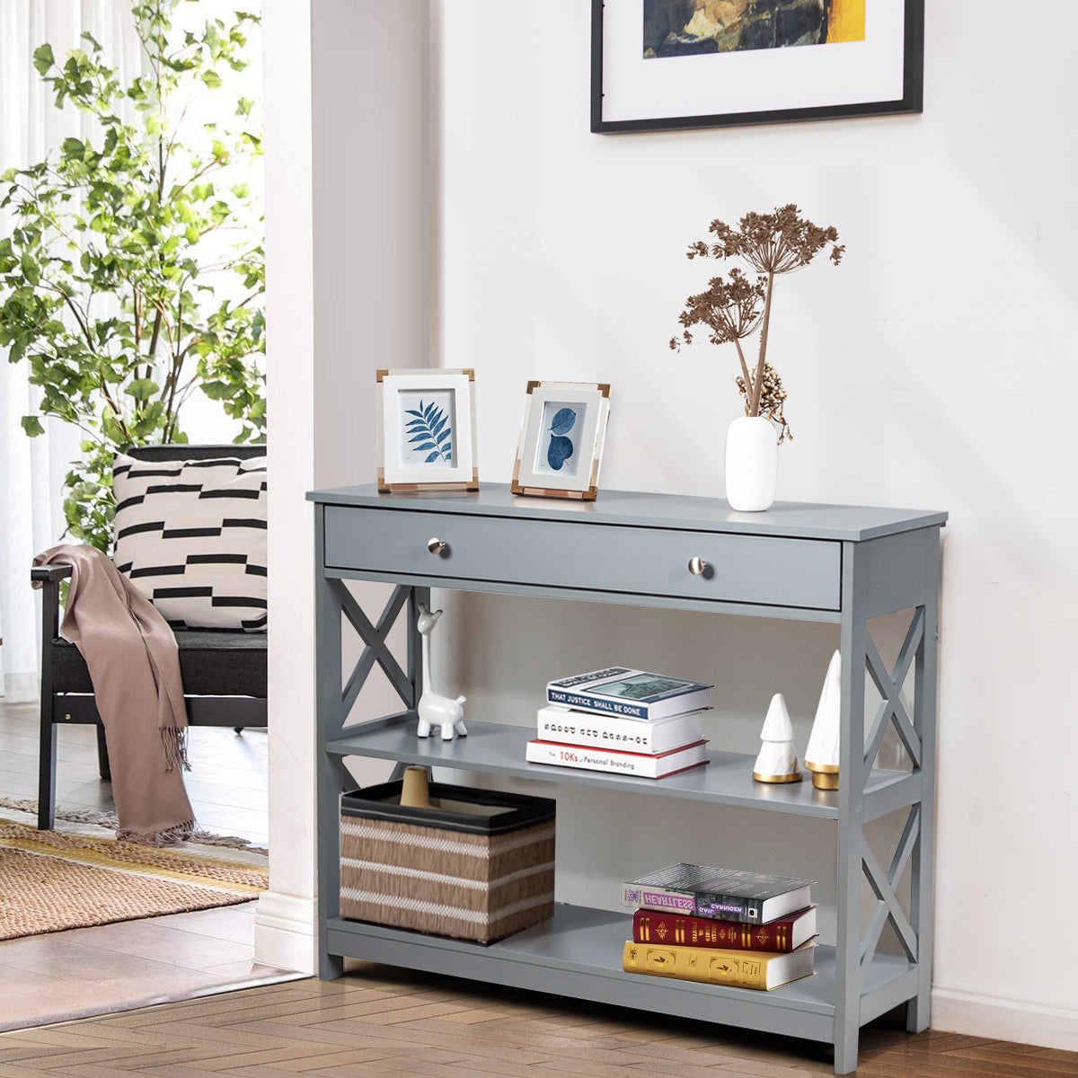 Console Table with Drawer and 2 Shelves for Living Room/Entrance-Grey