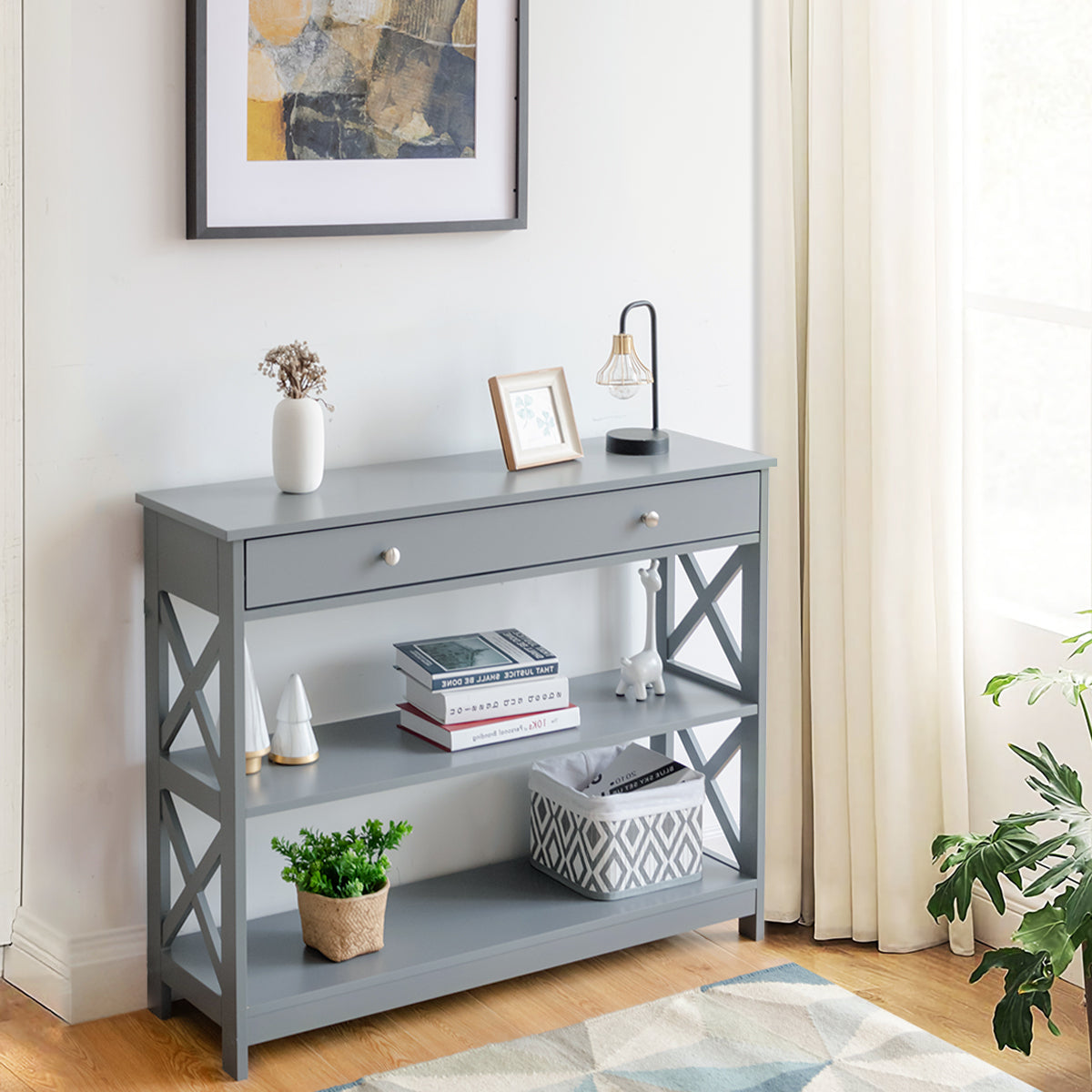 Console Table with Drawer and 2 Shelves for Living Room/Entrance-Grey