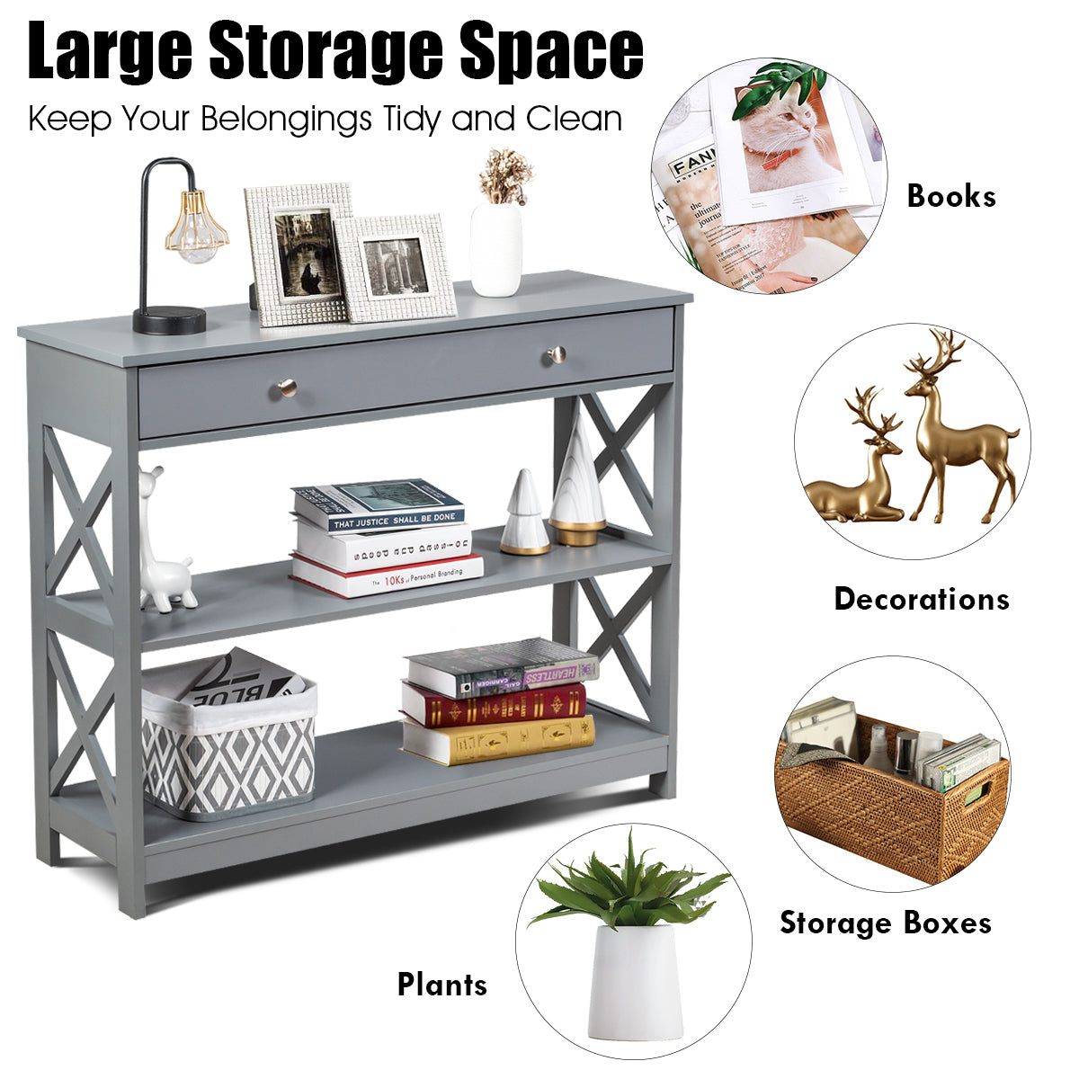Console Table with Drawer and 2 Shelves for Living Room/Entrance-Grey