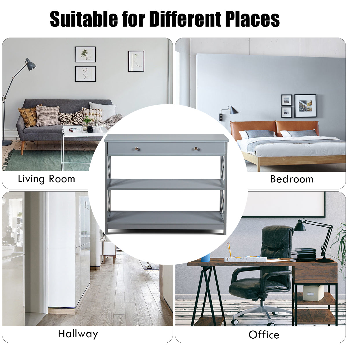 Console Table with Drawer and 2 Shelves for Living Room/Entrance-Grey