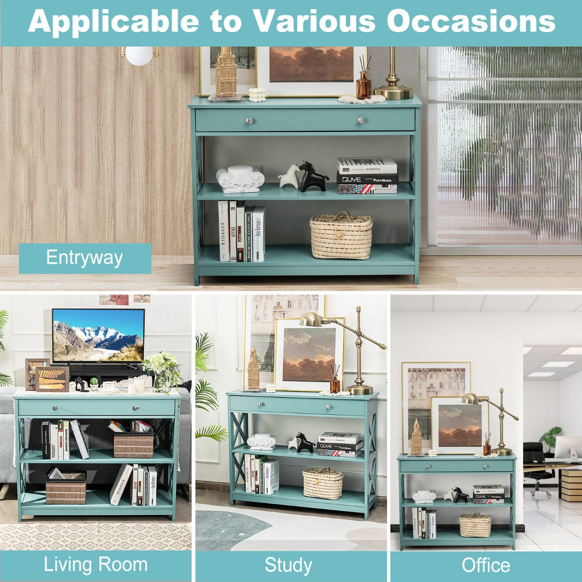 Console Table with Drawer and 2 Shelves for Living Room Entryway-Green
