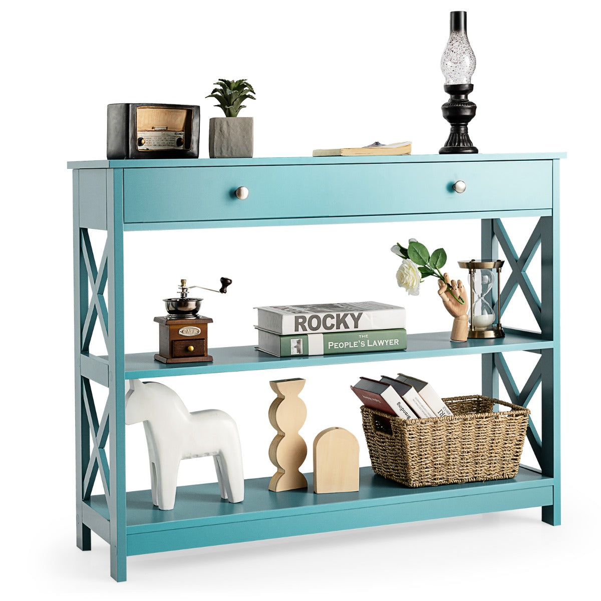 Console Table with Drawer and 2 Shelves for Living Room Entryway-Green