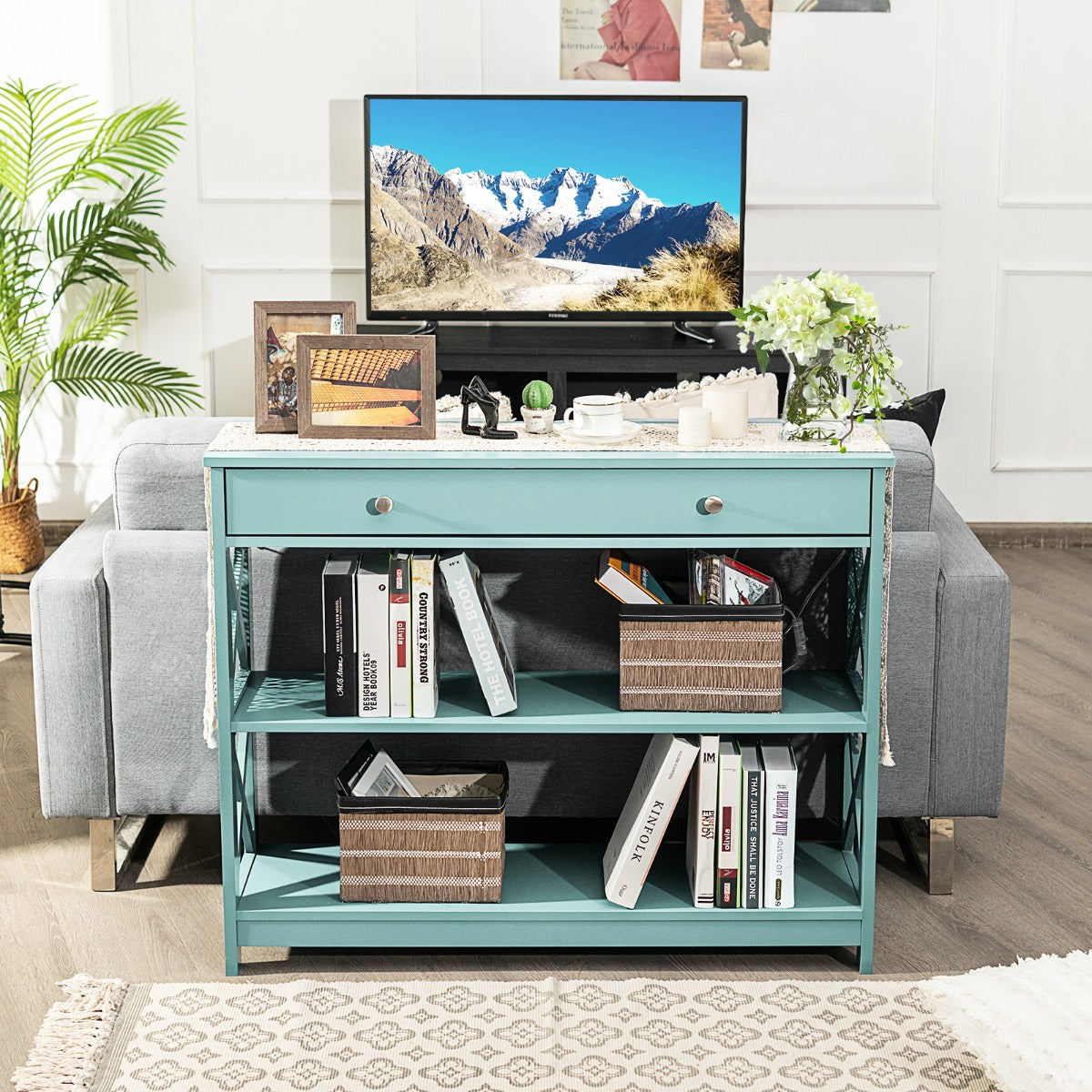 Console Table with Drawer and 2 Shelves for Living Room Entryway-Green