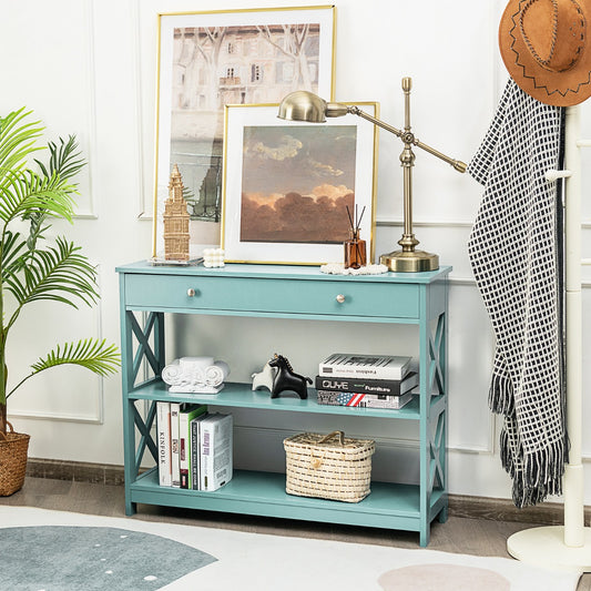 Console Table with Drawer and 2 Shelves for Living Room Entryway-Green