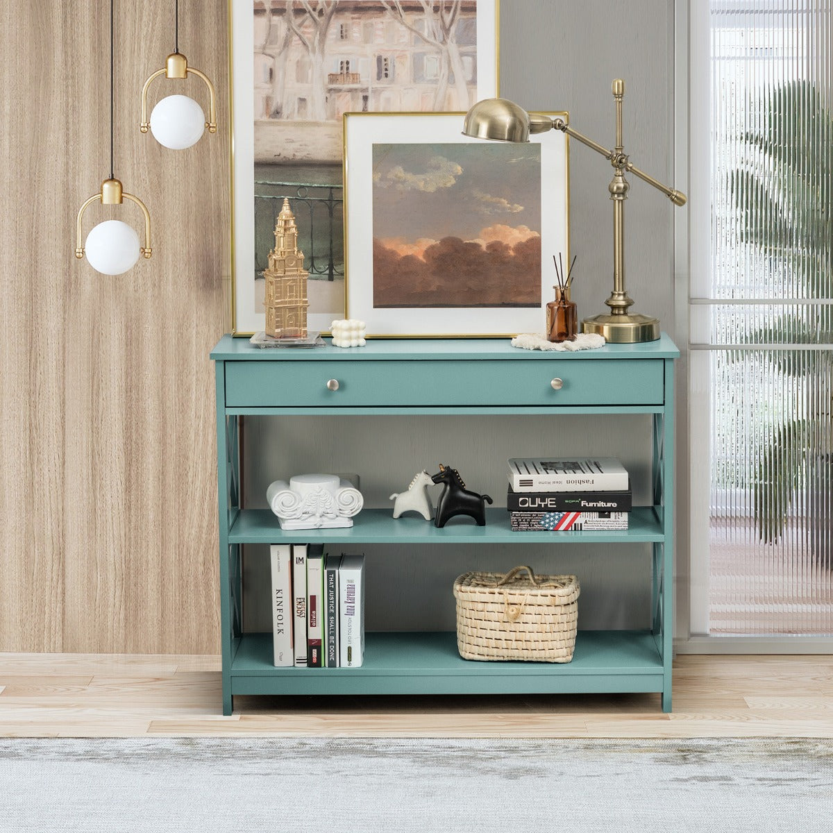 Console Table with Drawer and 2 Shelves for Living Room Entryway-Green