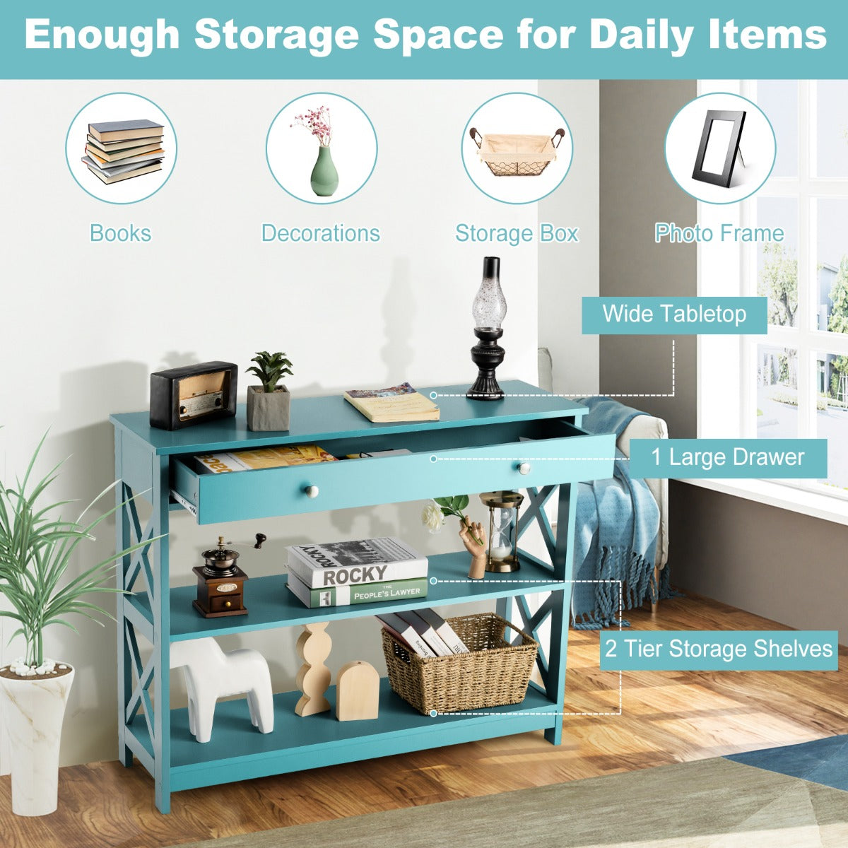 Console Table with Drawer and 2 Shelves for Living Room Entryway-Green