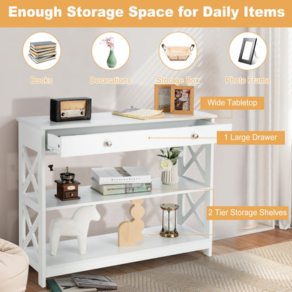 Console Table with Drawer and 2 Shelves for Living Room/Entrance-White