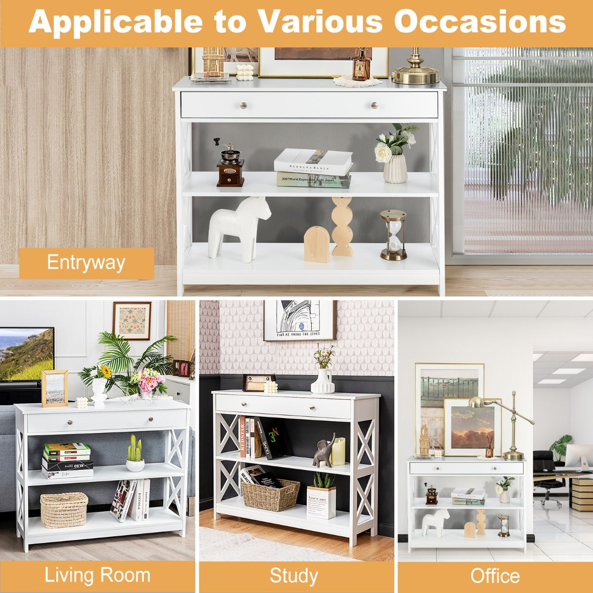 Console Table with Drawer and 2 Shelves for Living Room/Entrance-White