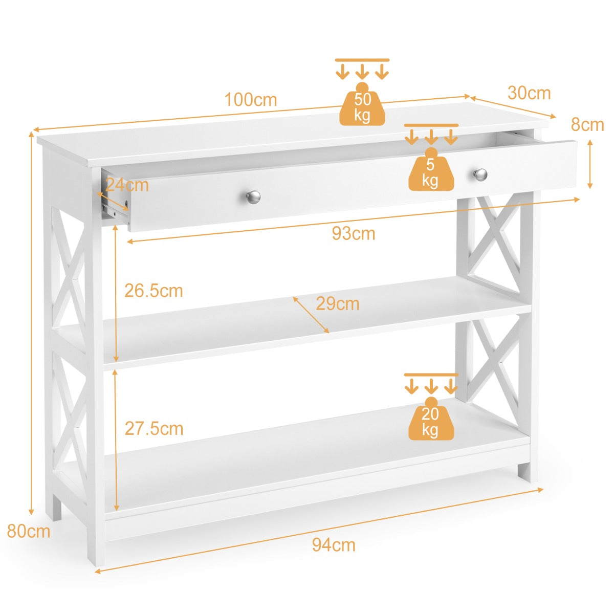 Console Table with Drawer and 2 Shelves for Living Room/Entrance-White