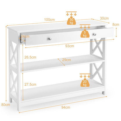 Console Table with Drawer and 2 Shelves for Living Room/Entrance-White