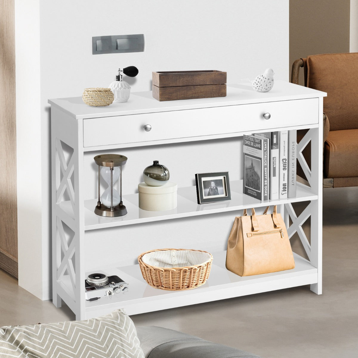 Console Table with Drawer and 2 Shelves for Living Room/Entrance-White