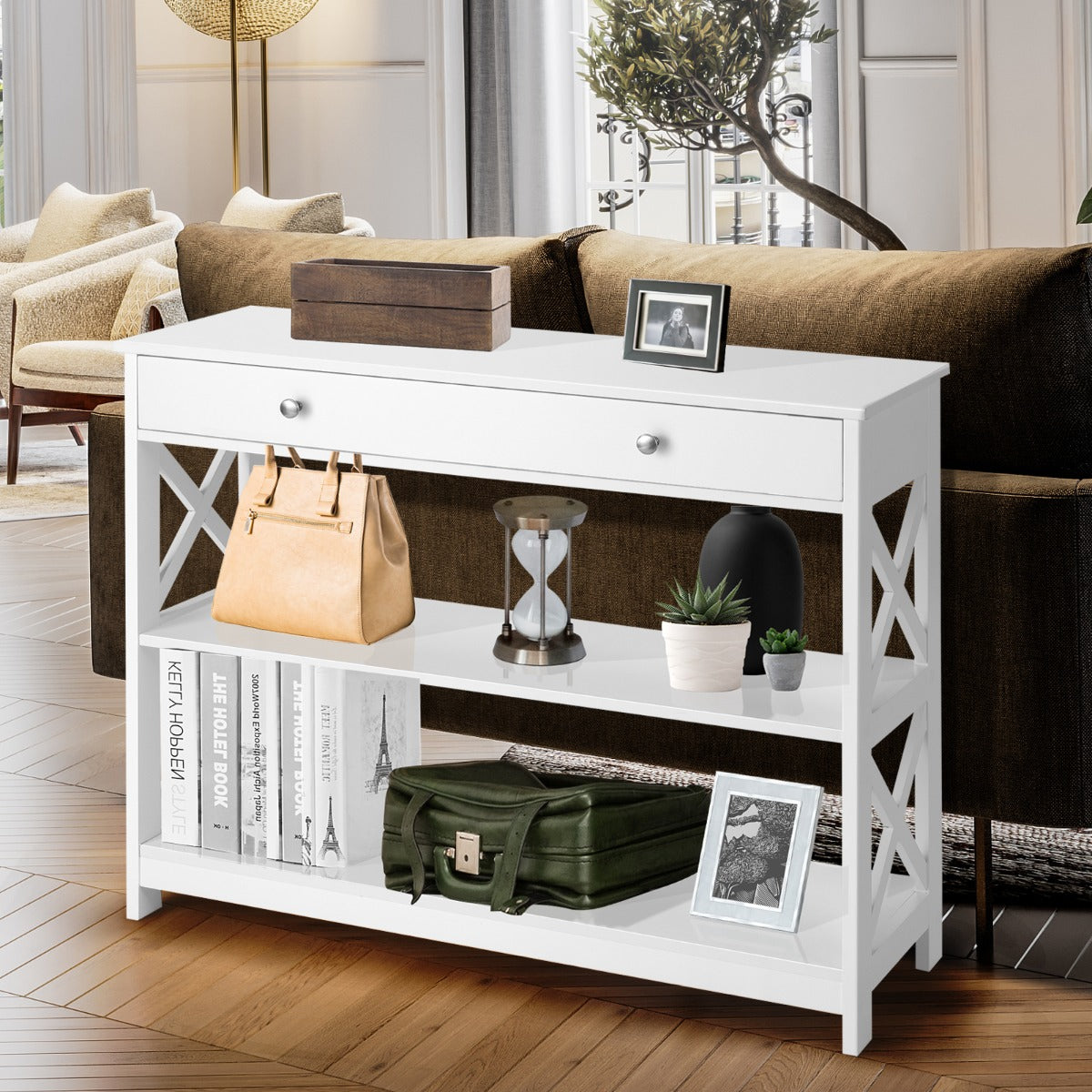 Console Table with Drawer and 2 Shelves for Living Room/Entrance-White