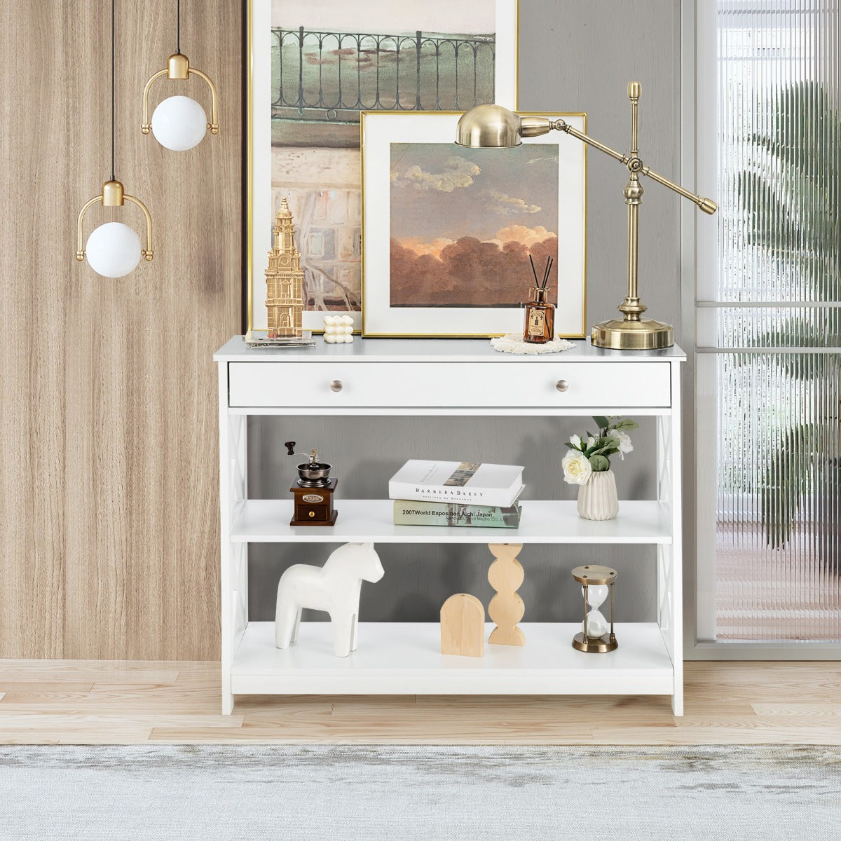 Console Table with Drawer and 2 Shelves for Living Room/Entrance-White