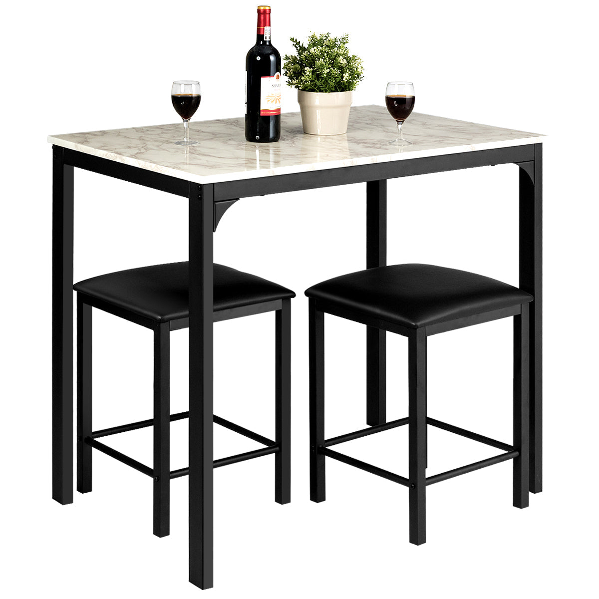 Space-saving counter-height table set includes one dining table and two stools that tuck neatly underneath