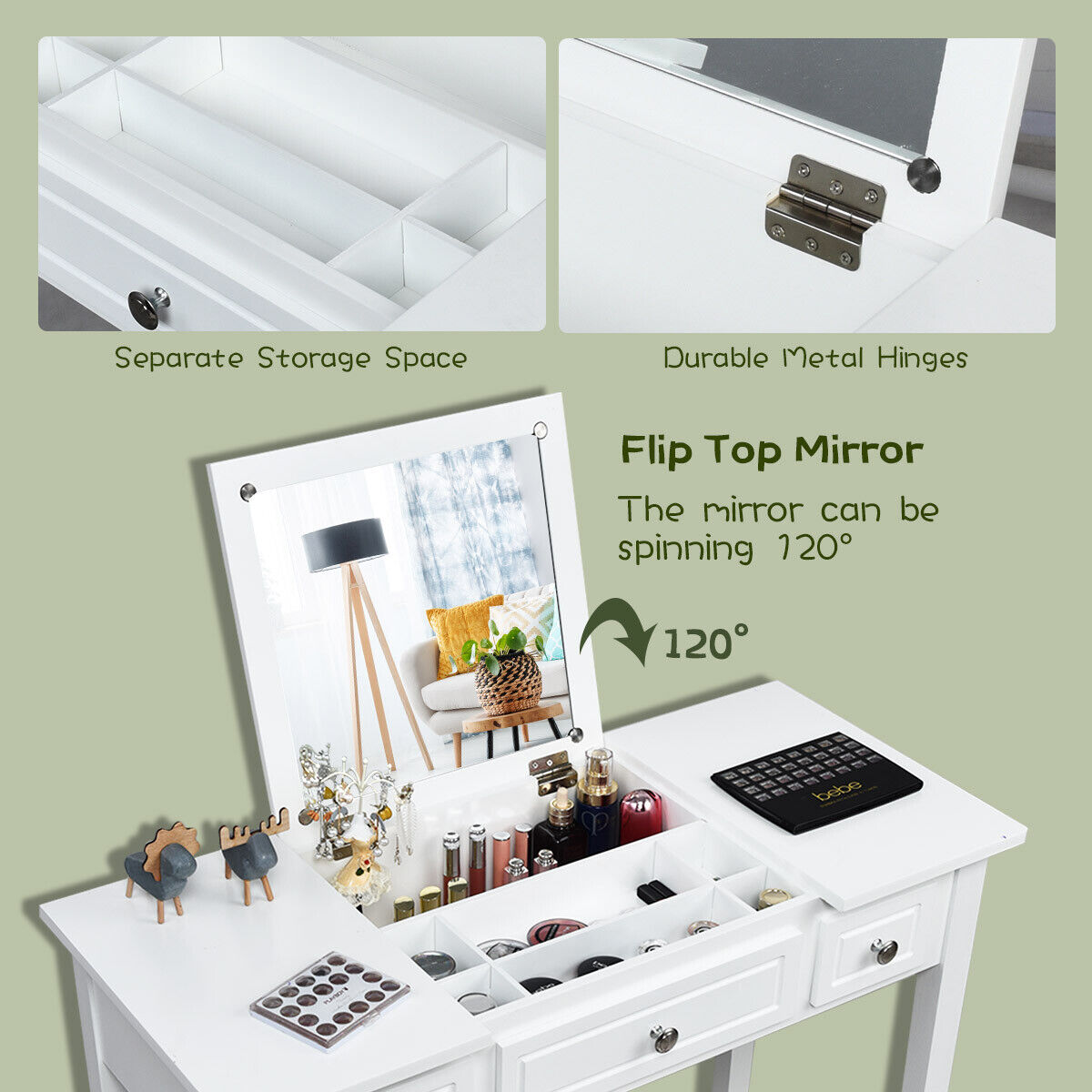 Dressing Table Stool Set with Flip Top Mirror & Storage Drawer