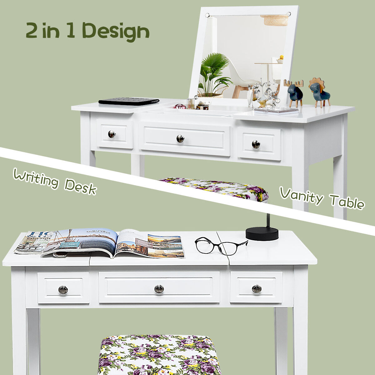 Dressing Table Stool Set with Flip Top Mirror & Storage Drawer