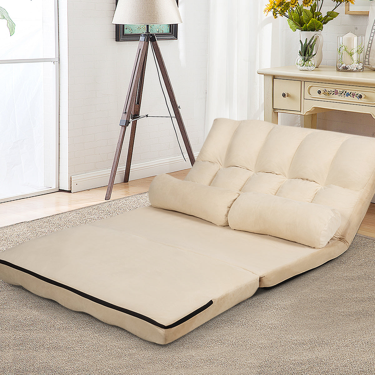Costway 6-Position Foldable Lazy Sofa Bed with Detachable Cloth Cover for Bedroom/Living Room/Balcony-Beige