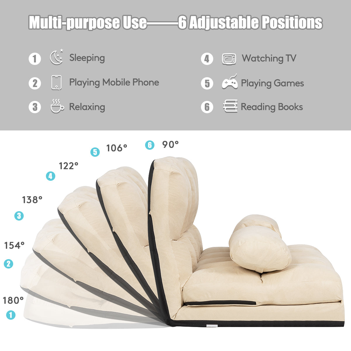 Costway 6-Position Foldable Lazy Sofa Bed with Detachable Cloth Cover for Bedroom/Living Room/Balcony-Beige