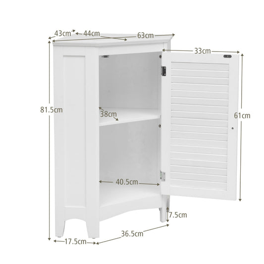 White corner storage cabinet with shutter door, open top space and five-position adjustable shelf