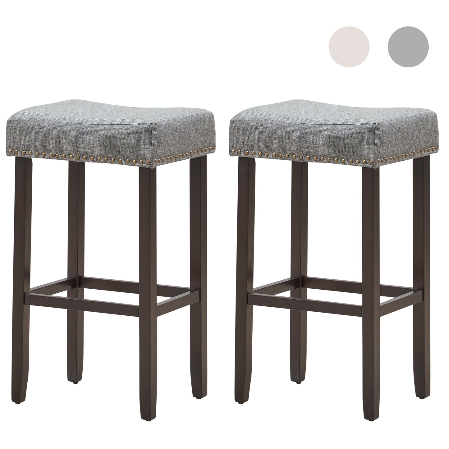 74cm Set of 2 Saddle Barstools with Backless Nailhead Fabric Seat-Grey