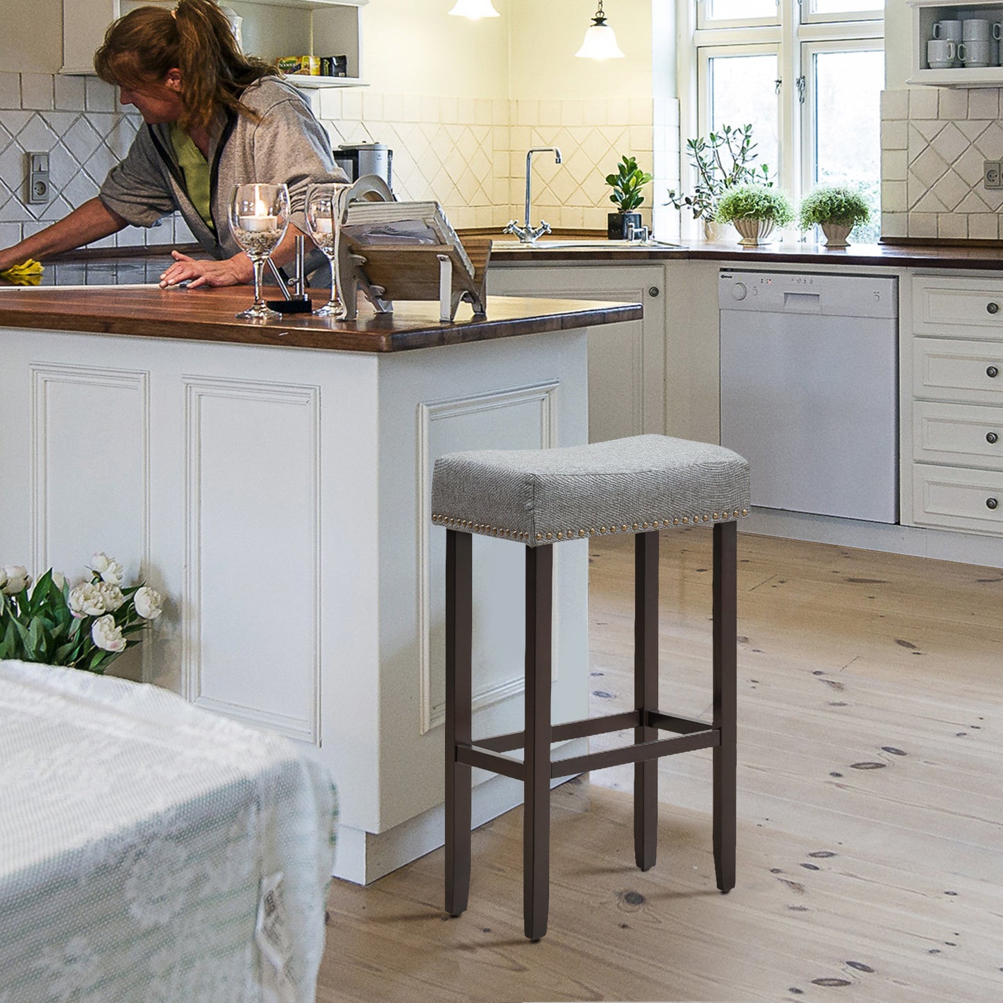 74cm Set of 2 Saddle Barstools with Backless Nailhead Fabric Seat-Grey