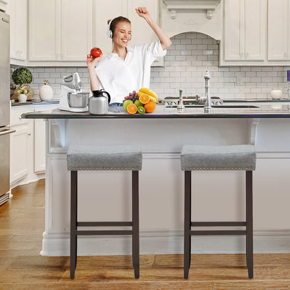 74cm Set of 2 Saddle Barstools with Backless Nailhead Fabric Seat-Grey
