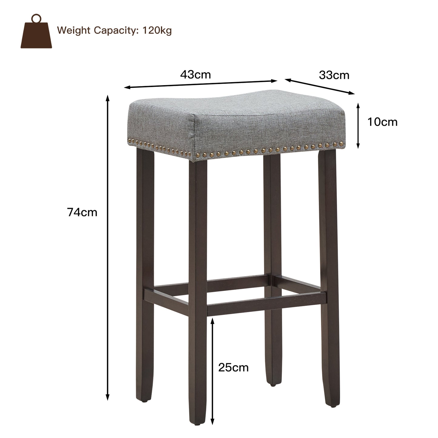 74cm Set of 2 Saddle Barstools with Backless Nailhead Fabric Seat-Grey