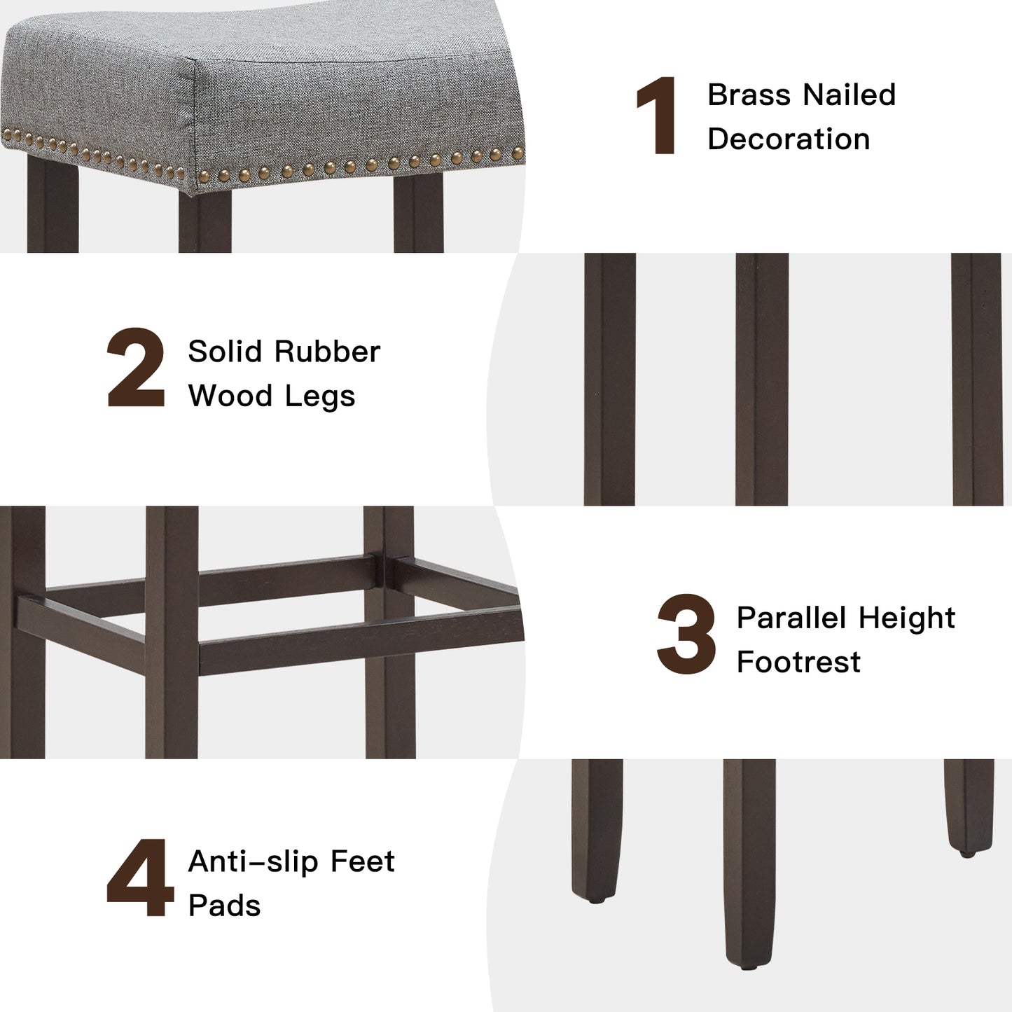 74cm Set of 2 Saddle Barstools with Backless Nailhead Fabric Seat-Grey